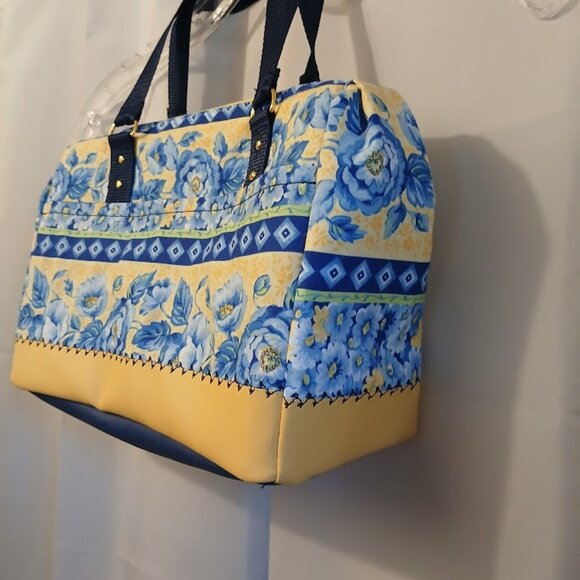 New Blue Yellow Roses Floral Satchel Purse Handbag Vibrant Country Chic Vinyl - Picture 3 of 10